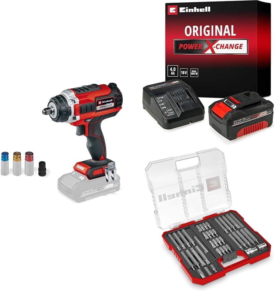 Einhell IMPAXXO 18/450 - Solo, Kömürsüz Akülü Darbeli Somun Sıkma + 18V 4,0 Ah PXC Starter Kit, Akü ve Şarj Cihazı + Bits uç seti 40 parça, M-CASE kutu