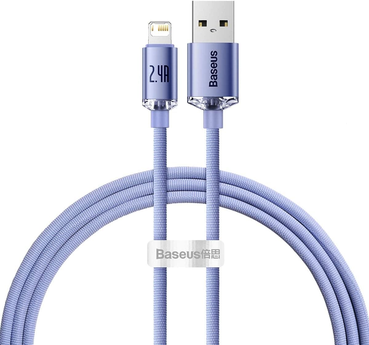 Baseus Crystal Shine, 2.4 A USB-A & Lightning Data ve Şarj Kablosu, 1.2 Metre, Mor, CAJY000005