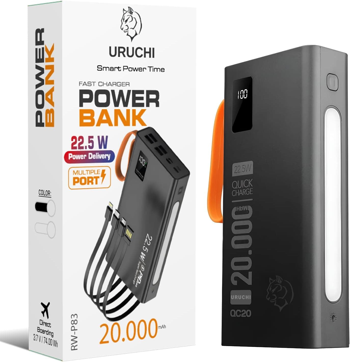 URUCHI 22.5W PD 3.0 Kablolu Powerbank, Gerçek 20.000 mAh Taşınabilir Şarj Cihazı, Dahili Type-C, Lightning ve Micro USB Kablolu, LED Ekranlı, Hızlı Şarj, iPhone 16/15 ve Android Uyumlu, Siyah