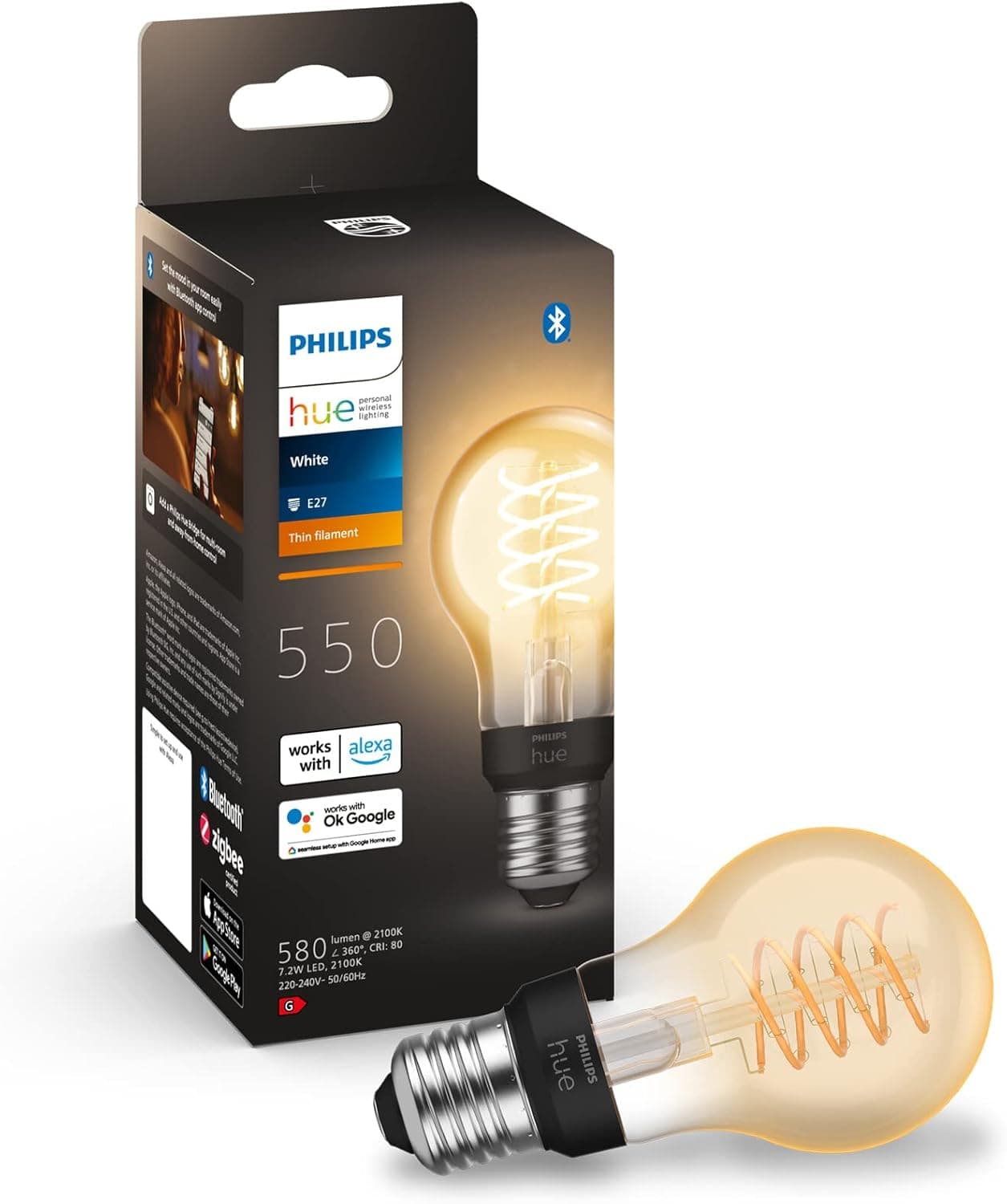 Philips Hue White E27 Filament A60 550 lm, sıcak beyaz ışık, kısılabilir, uygulama üzerinden kontrol edilebilir, Amazon Alexa (Echo, Echo Dot) ile uyumlu