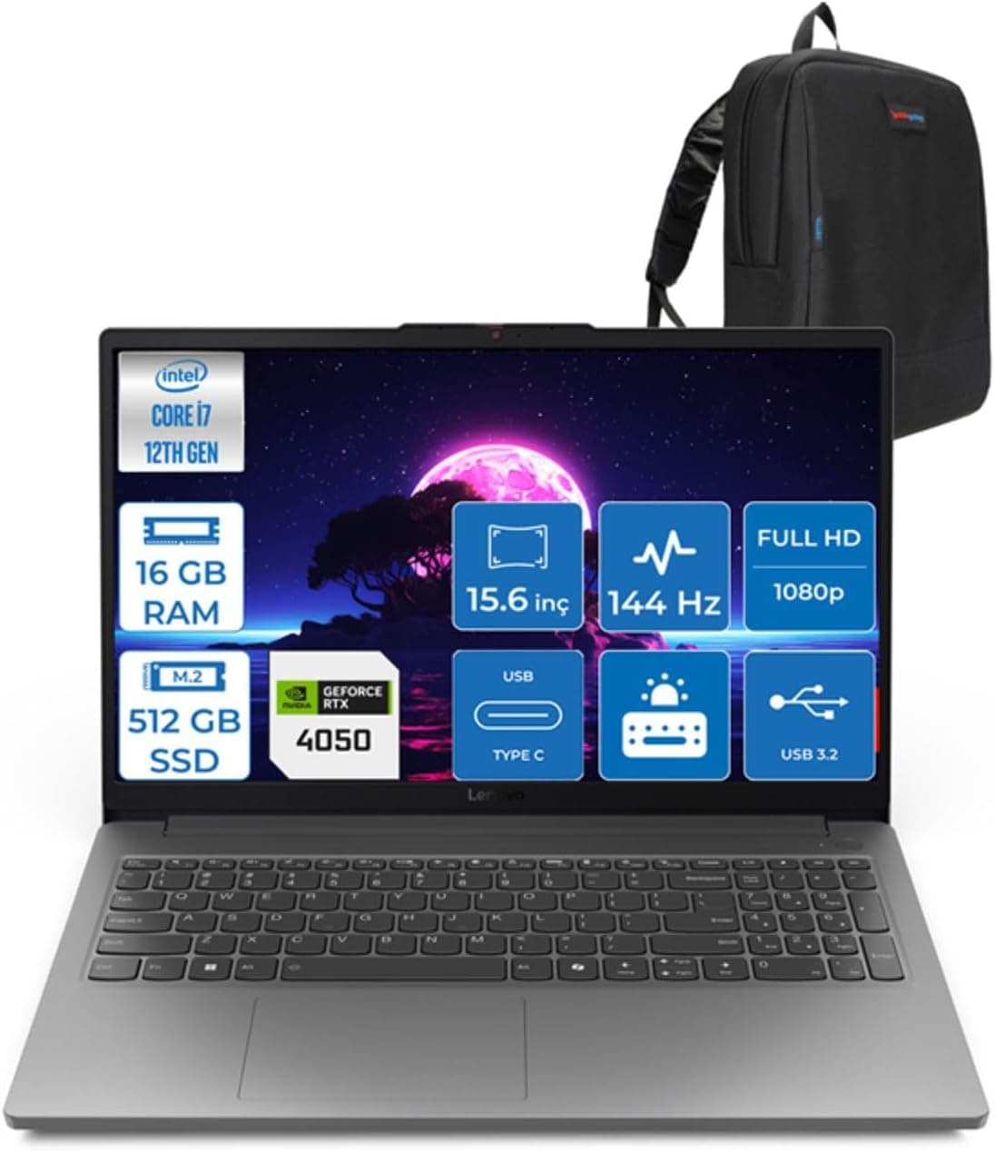 Lenovo Loq Intel Core I7 12650HX 16GB Ddr5 512GB SSD 6GB/RTX4050 WIN11PRO 15.6" Fhd 144Hz Yapay Zeka Destekli Taşınabilir Bilgisayar 15IAX9EP01 + Zettaçanta