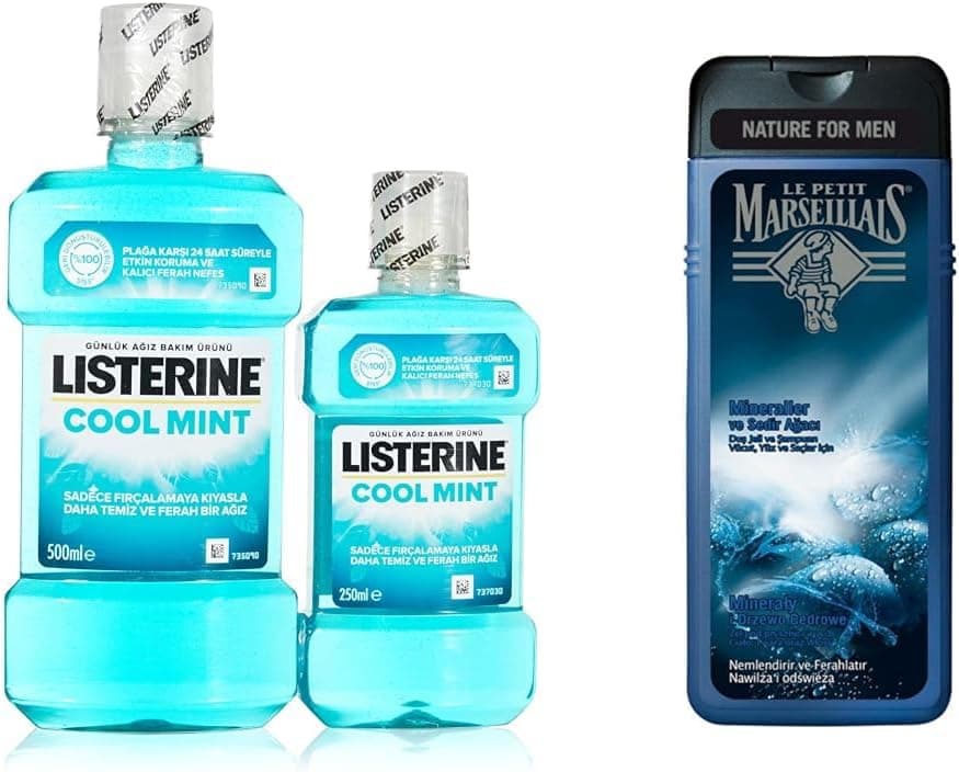LISTERINE Coolmint Ağız Bakım Suyu 500 ml 250 ml ve le petit marseillais duş jeli men serisi mineral ve sedir ağacı (400 ml)
