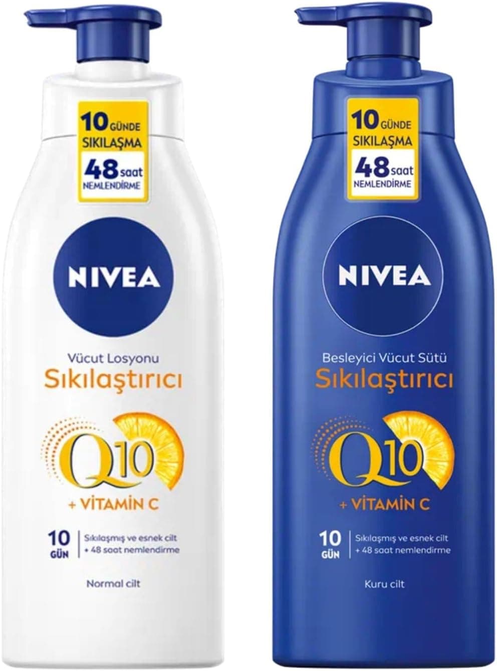 NIVEA Sıkılaştırıcı Vücut Losyonu Q10 + C Vitamini, 400 ml, 48 Saat Nemlendirme, 10 Günde Sıkılaşma, Normal Ciltler için + NIVEA Sıkılaştırıcı Vücut Sütü Q10 + C Vitamini, 10 Günde Sıkılaşma,400 ml X2