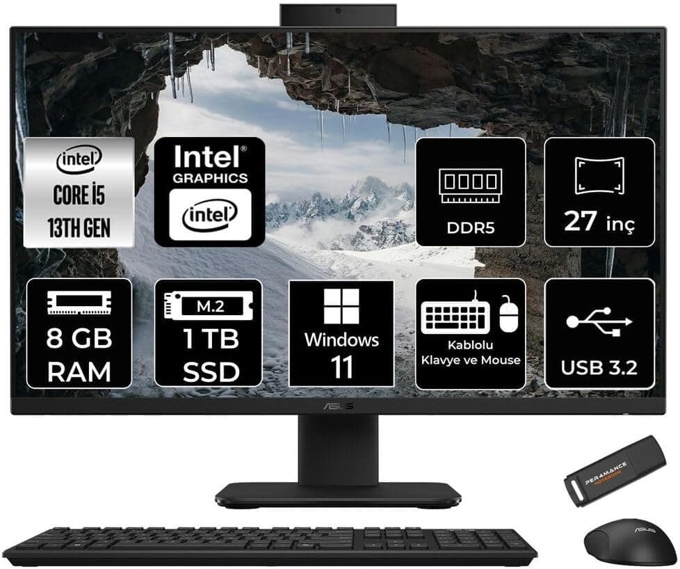 ASUS V470 i5 13420H 8GB 1TB SSD 27" FHD 100Hz W11P All in One Bilgisayar Siyah & PER4 USB Bellek