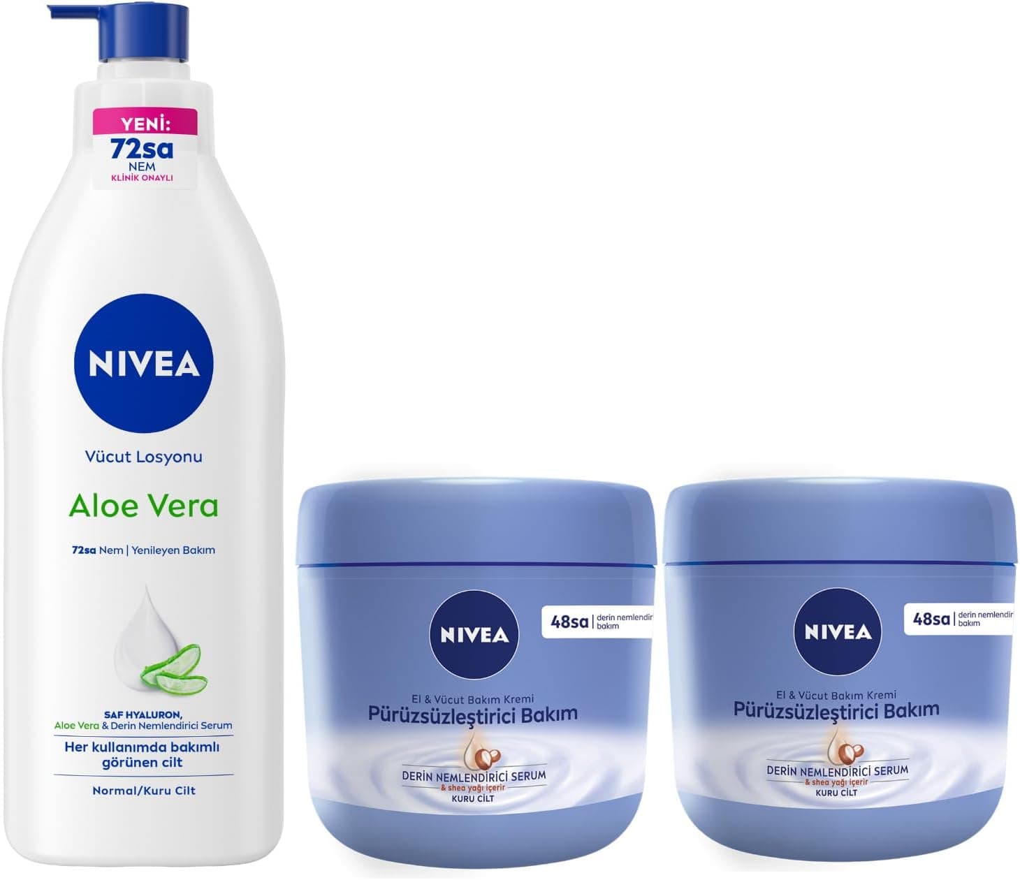 NIVEA Pürüzsüzleştirici El & Vücut Bakım Kremi,Kuru Ciltler,48 Saat Yoğun Nemlendirme (400 ml) X2 + NIVEA Aloe Vera Vücut Losyonu,400 ml,Normal/Kuru Ciltler için,Nemlendirici Serum,48 Saat Nemlendirme
