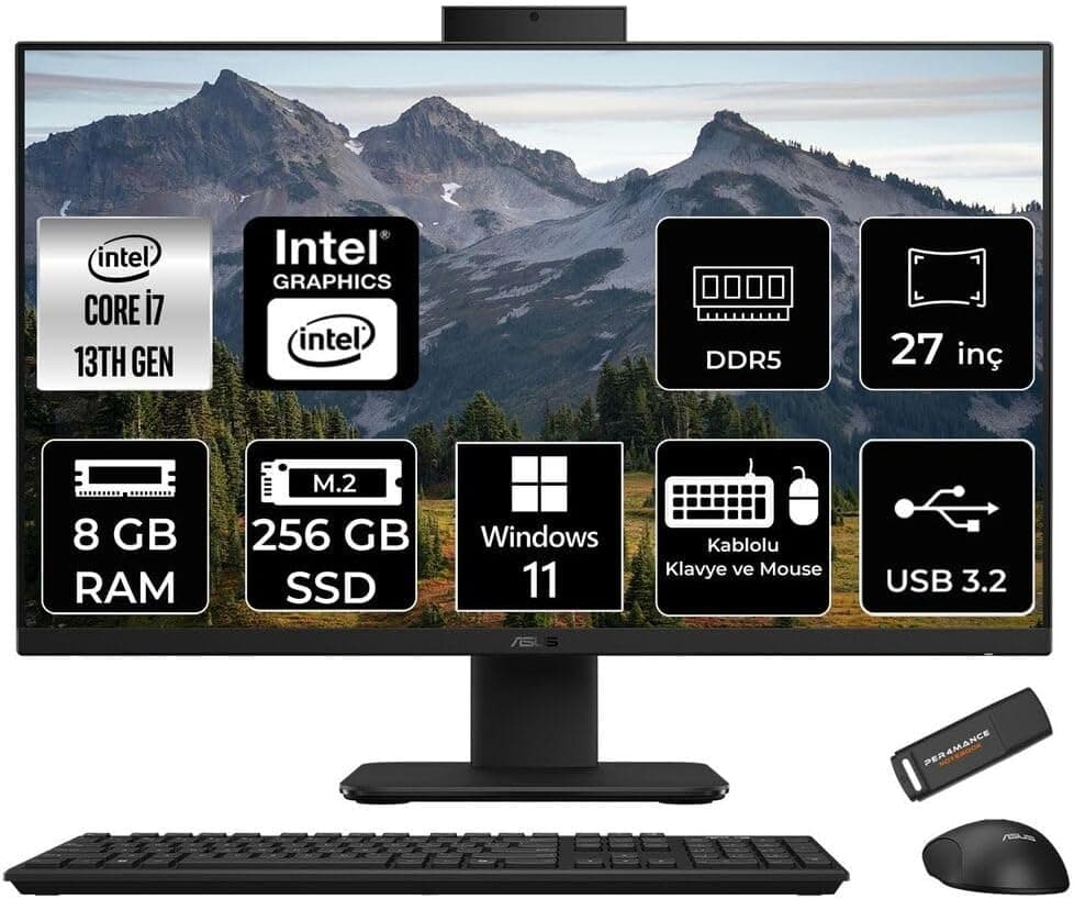 ASUS V470 i7 13620H 8GB 256GB SSD 27" FHD 100Hz W11P All in One Bilgisayar Siyah & PER4 USB Bellek