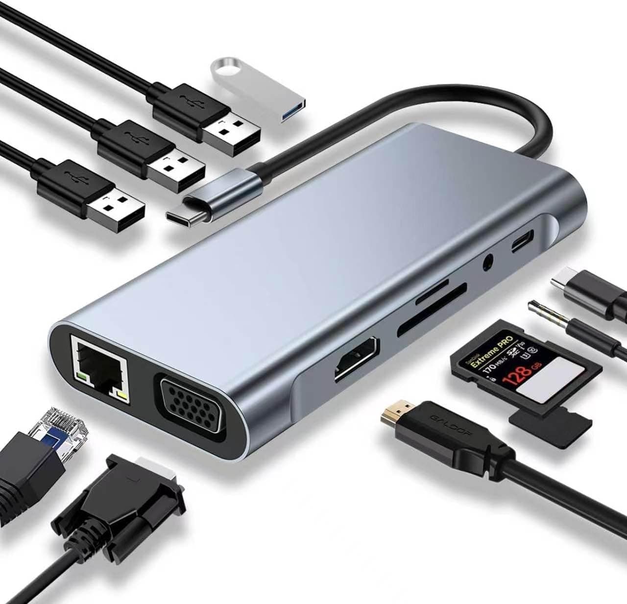 USB C HUB, Yerleştirme İstasyonu, 11i 1 arada USB C Adaptörü, 4K HDMI, VGA, USB 3.0 Bağlantı Noktaları, C Tipi PD, Gigablit Ethernet RJ45, SD/TF Kartları, 3,5 mm AUX, MacBook Pro/Air ile Uyumlu, Daha