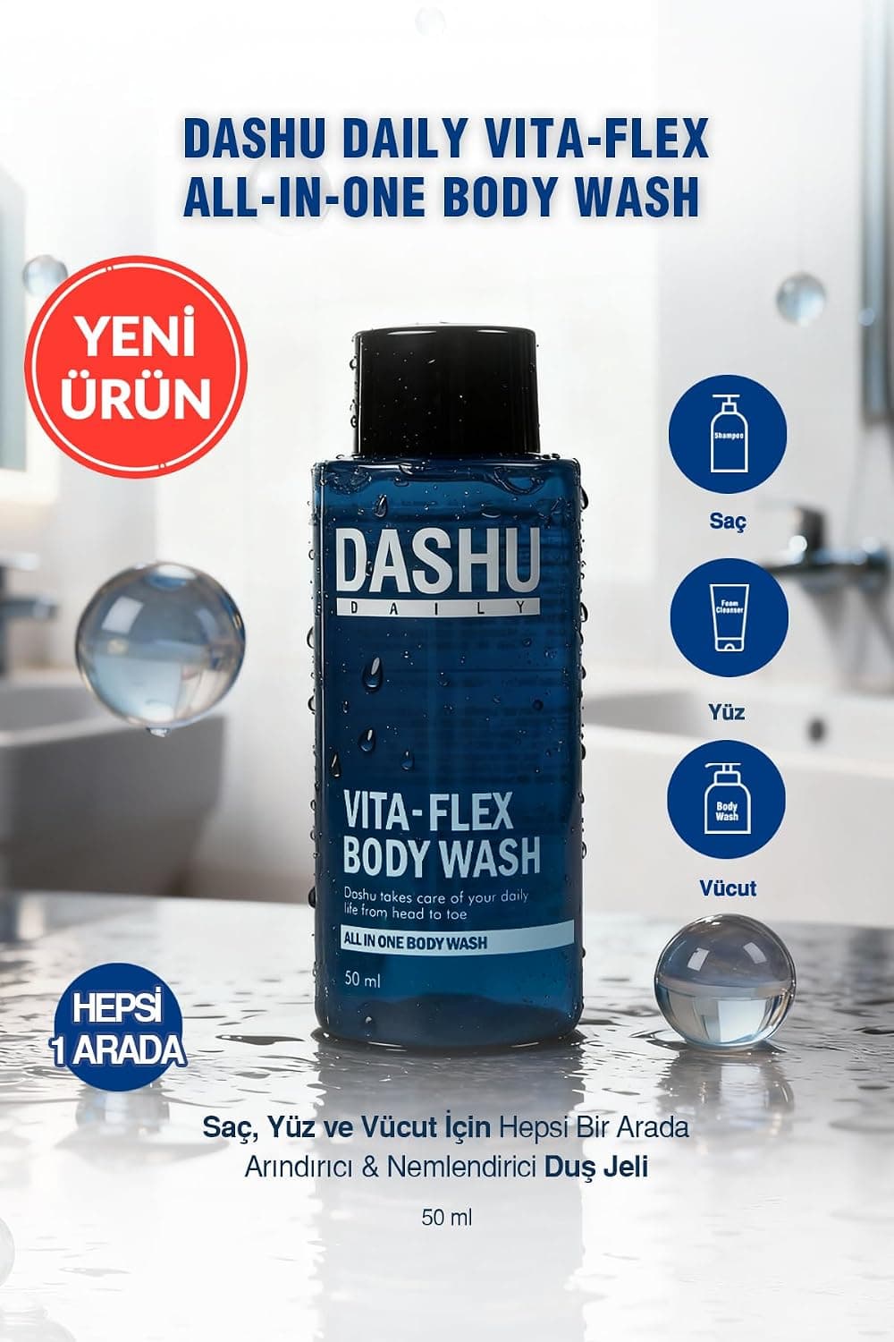 Dashu, Saç, Yüz ve Vücut İçin Hepsi Bir Arada Duş Jeli Daily Vita-Flex All In One Body Wash 50ml