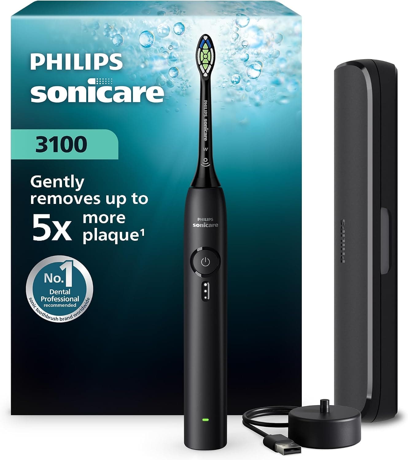 Philips Sonicare 3100 Sonic Şarjlı Diş Fırçası Siyah, 5 Kat Plak Temizliği, Basınç Sensörü, 14 Gün Şarj Ömrü, 3 Hız Ayar