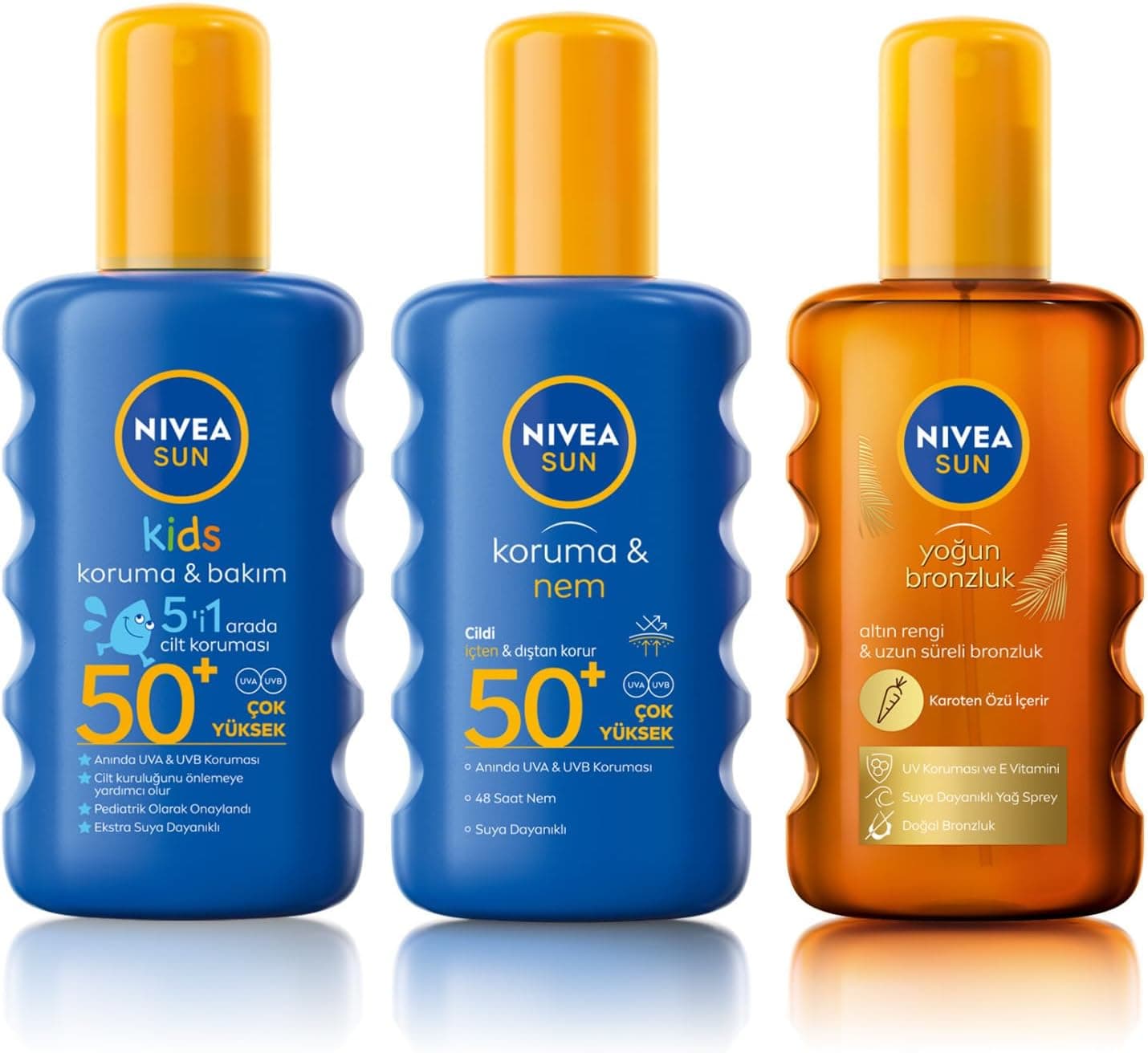 NIVEA Sun SPF 50+ Koruma & Nem Güneş Spreyi (200 ml) ve NIVEA Sun SPF 50+ Koruma & Bakım Çocuk Güneş Spreyi 200 ml ve NIVEA Sun SPF 6 Sprey(200 ml)