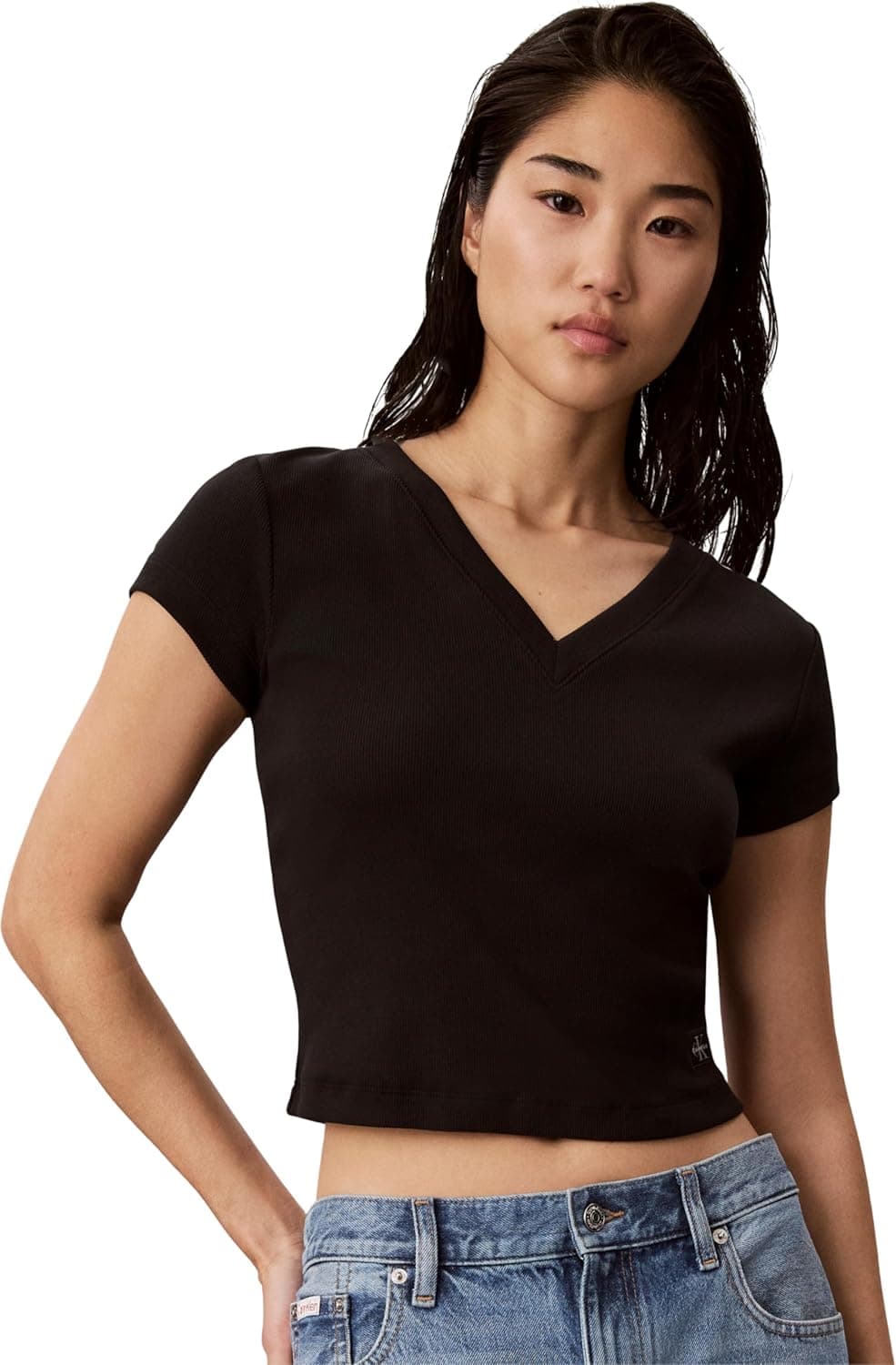 Calvin Klein SS HERITAGE LABEL VNECK TEE Shirt Kadın