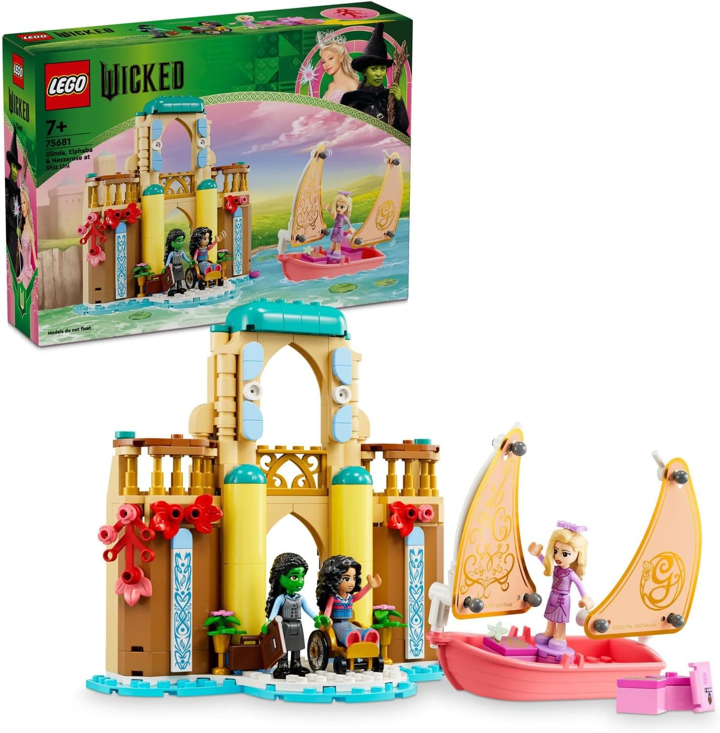 LEGO Wicked Glinda, Elphaba ve Nessarose, Shiz Üniversitesi’nde 75681-7 Yaş ve Üzeri Çocuklar için Oyuncak Tekne İçeren Bebek Evi Oyun Seti (304 Parça)