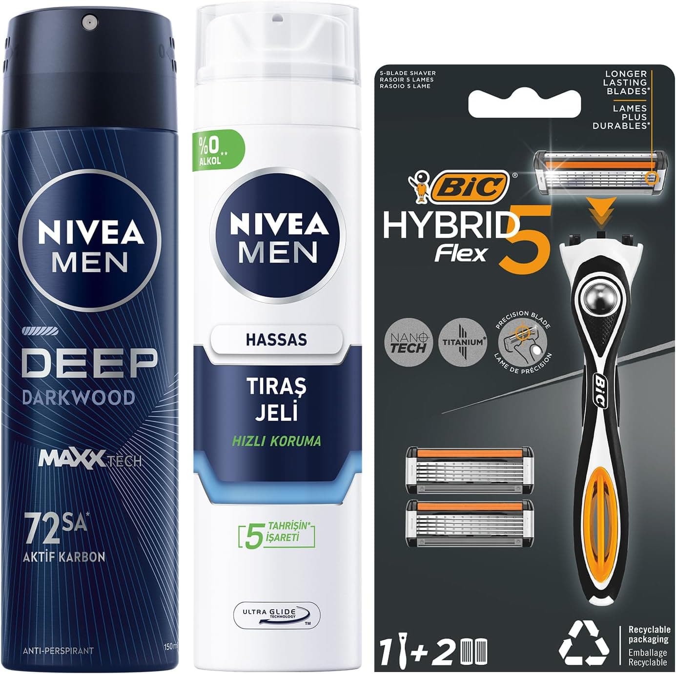 NIVEA MEN Erkek Sprey Deodorant Deep Dimension Darkwood 150ml + Tıraş Jeli 200 ml + BIC Hybrid 5 Flex Erkek Tıraş Bıçağı 1 Sap ve 2 Yedek Başlık (5 Bıçak)