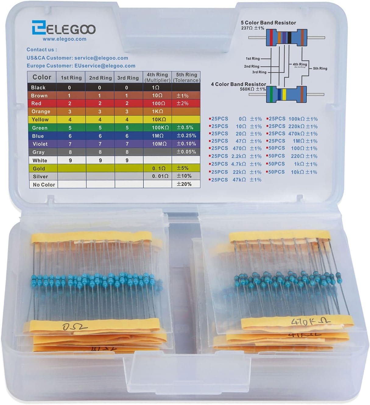 ELEGOO Direnç Çeşitleri Kiti 525 Adet 1/4W Metal Film 0 Ohm -1M Ohm