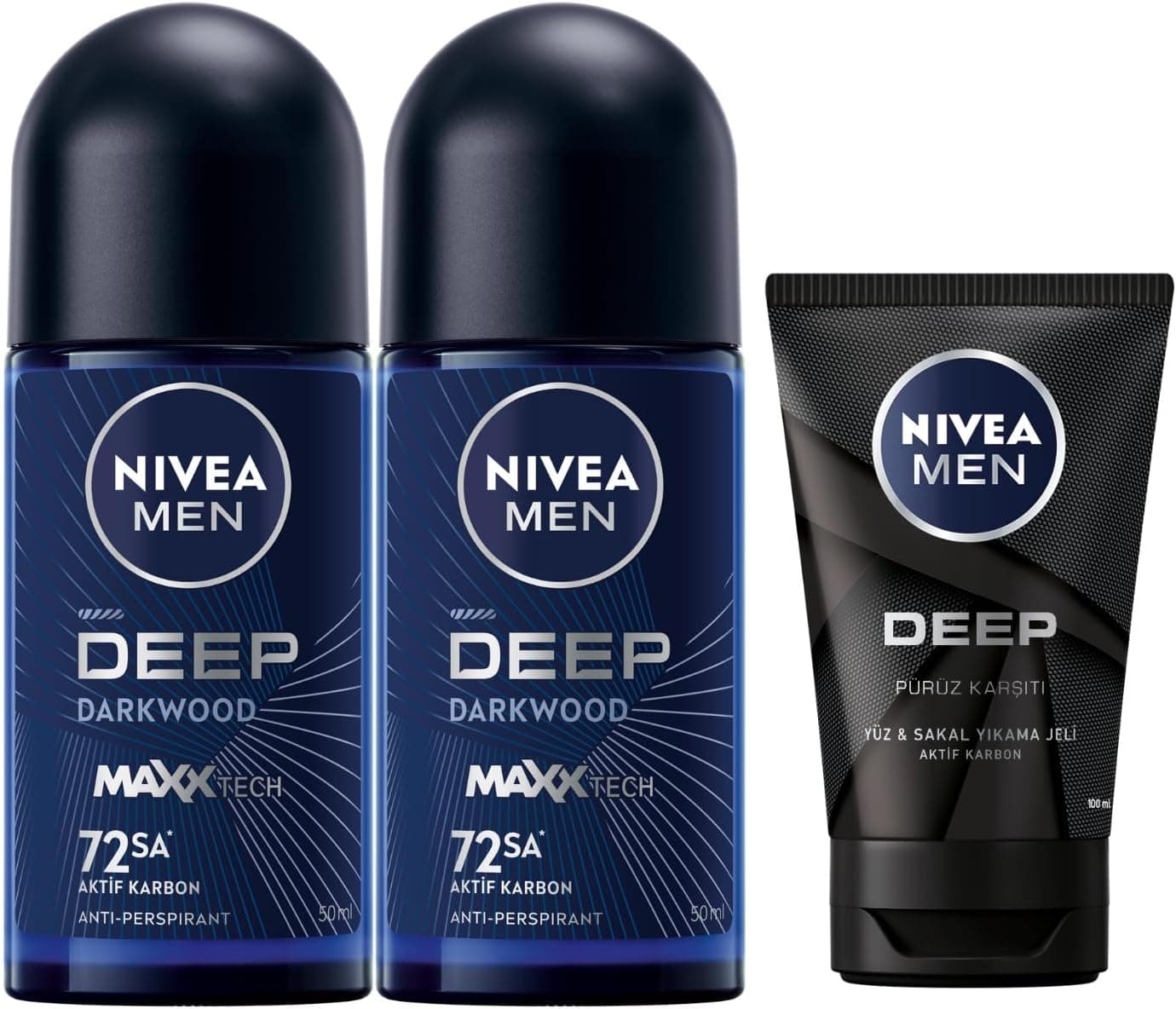 NIVEA Men Deep Dimension Yüz ve Sakal Temizleme Jeli, 100 ml, Aktif Karbon İçeriği ile Cildi Arındırır + NIVEA Men Erkek Roll On Deodorant Deep Dimension 72 Saat Anti-Perspirant Koruma (50 ml) X2