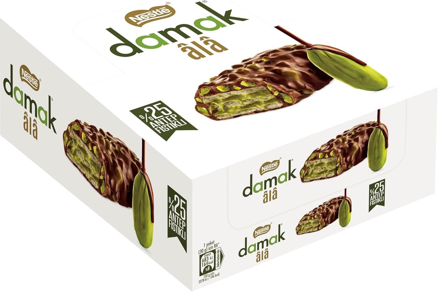 Nestlé DAMAK Ala Antep Fıstıklı Kremalı (%32.5), Antep Fıstıklı Sütlü Çikolata Kaplamalı Gofret 12 Adet x 30 g