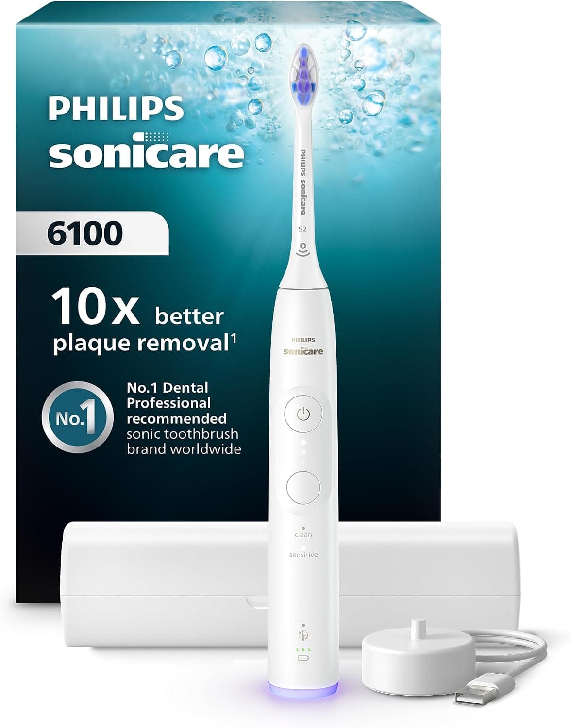 Philips Sonicare 6100 Şarjlı Diş Fırçası, 21 Gün Şarj, 10 kat plak temizliği, Işıklı basınç sensörü, Ektra nazik, 6 mod, Seyahat Kabı, Beyaz, HX7400/06