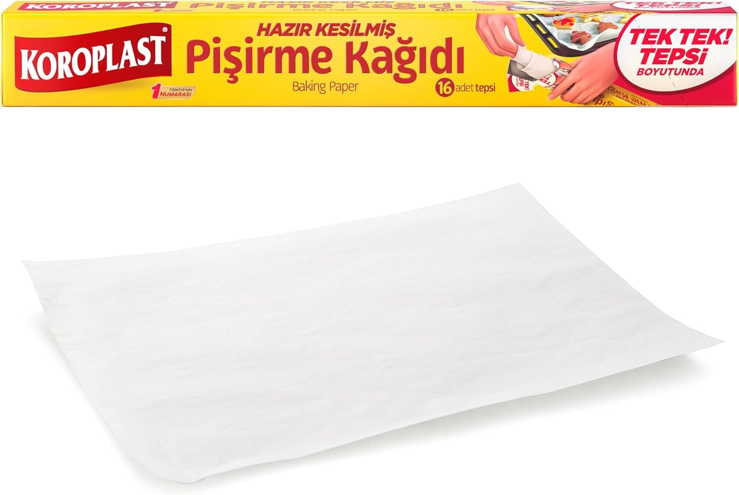 Koroplast Hazır Kesilmiş Pişirme Kağıdı 16 adet 42x37 cm, Helal Sertifikalı BPA İçermez, Fırında Tavuk, Et, Tatlı, Börek Pişirmek için Yüksek Isıya Dayanıklı Hazır Fırın Pişirme Kağıdı Yapışmaz Yanmaz