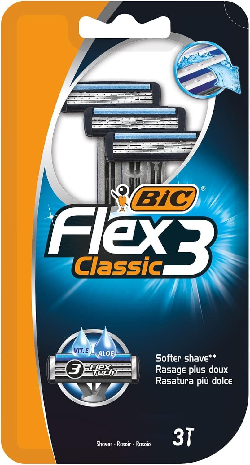 BIC Flex 3 Erkek Tıraş Bıçağı 3lü Blister (3 Bıçak), Birbirinden Bağımsız Hareket Edebilen 3 Bıçak, Oynar Başlık, Aloe Vera ile Zenginleştirilmiş Kayganlaştırıcı Jel Şerit