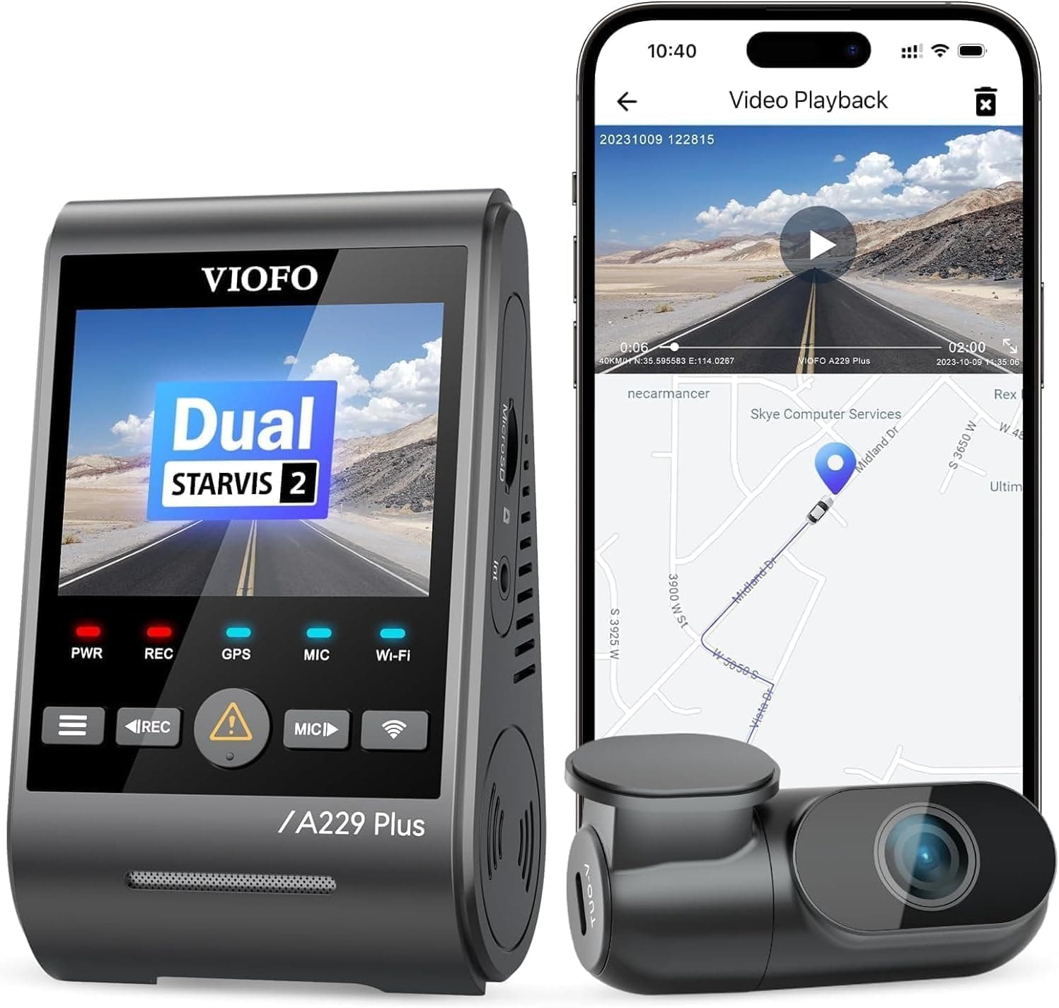 Viofo A229 Plus 2 Kameralı Ön+Arka 2K+2K HDR Sony Starvis 2 Sensörlü Wi-Fi GPSli Araç Kamerası