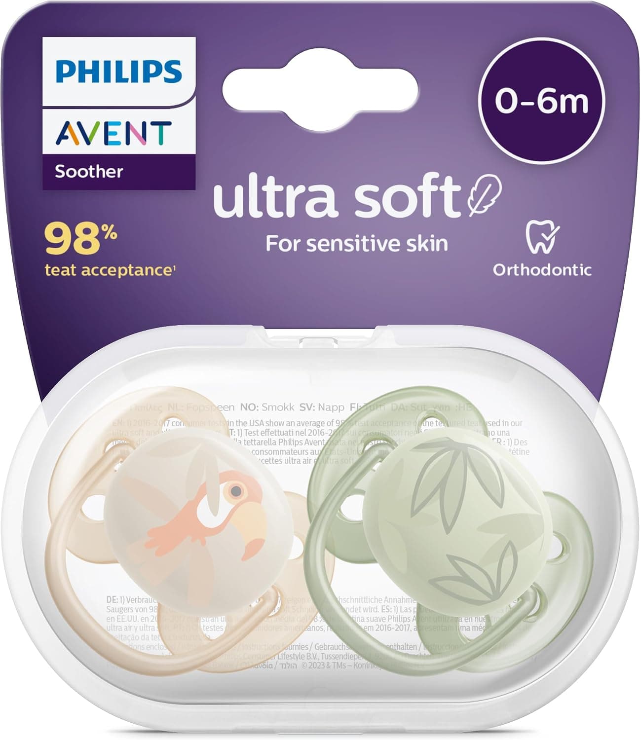 Philips Avent Ultra Soft Emzik, Erkek Bebekler için 0‑6 Ay, 2’li Paket, Ortodontik Silikon, FlexiFit Kalkanlı, Ultra Yumuşak, BPA İçermez, Taşıma Kutulu, SCF091/07
