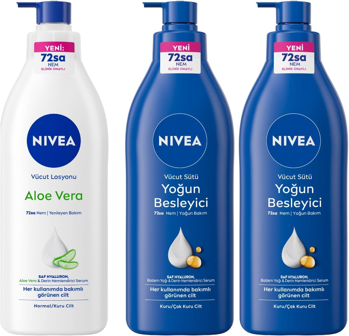 NIVEA Aloe Vera Vücut Losyonu, 400 ml, Normal/Kuru Ciltler için Aloe Vera ile Nemlendirme + NIVEA Besleyici Vücut Sütü 400 ml, Kuru ve Çok Kuru Ciltler, Nemlendirici Vücut Losyonu X2