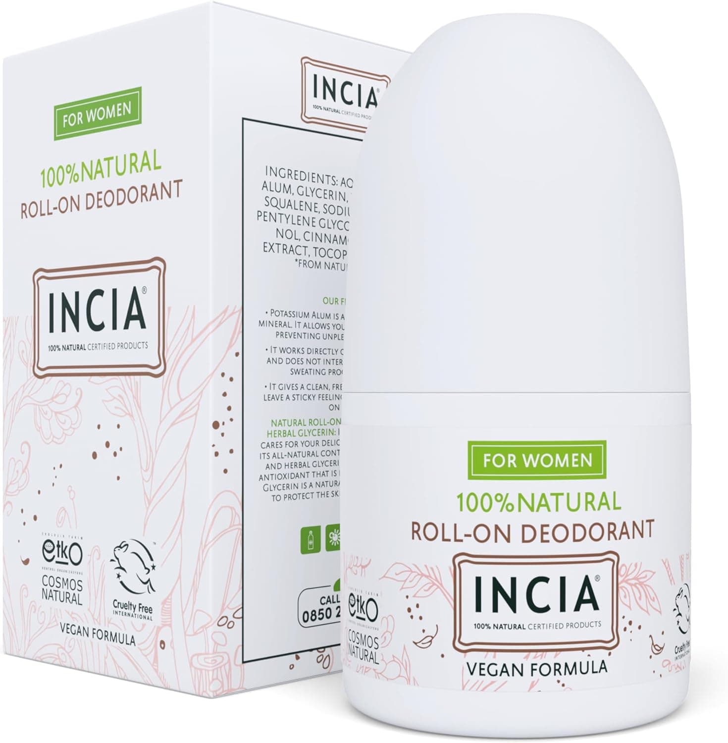 INCIA%100 Doğal Roll On Deodorant Kadınlar İçin Ter Kokusu Önleyici Lekesiz 50 ml