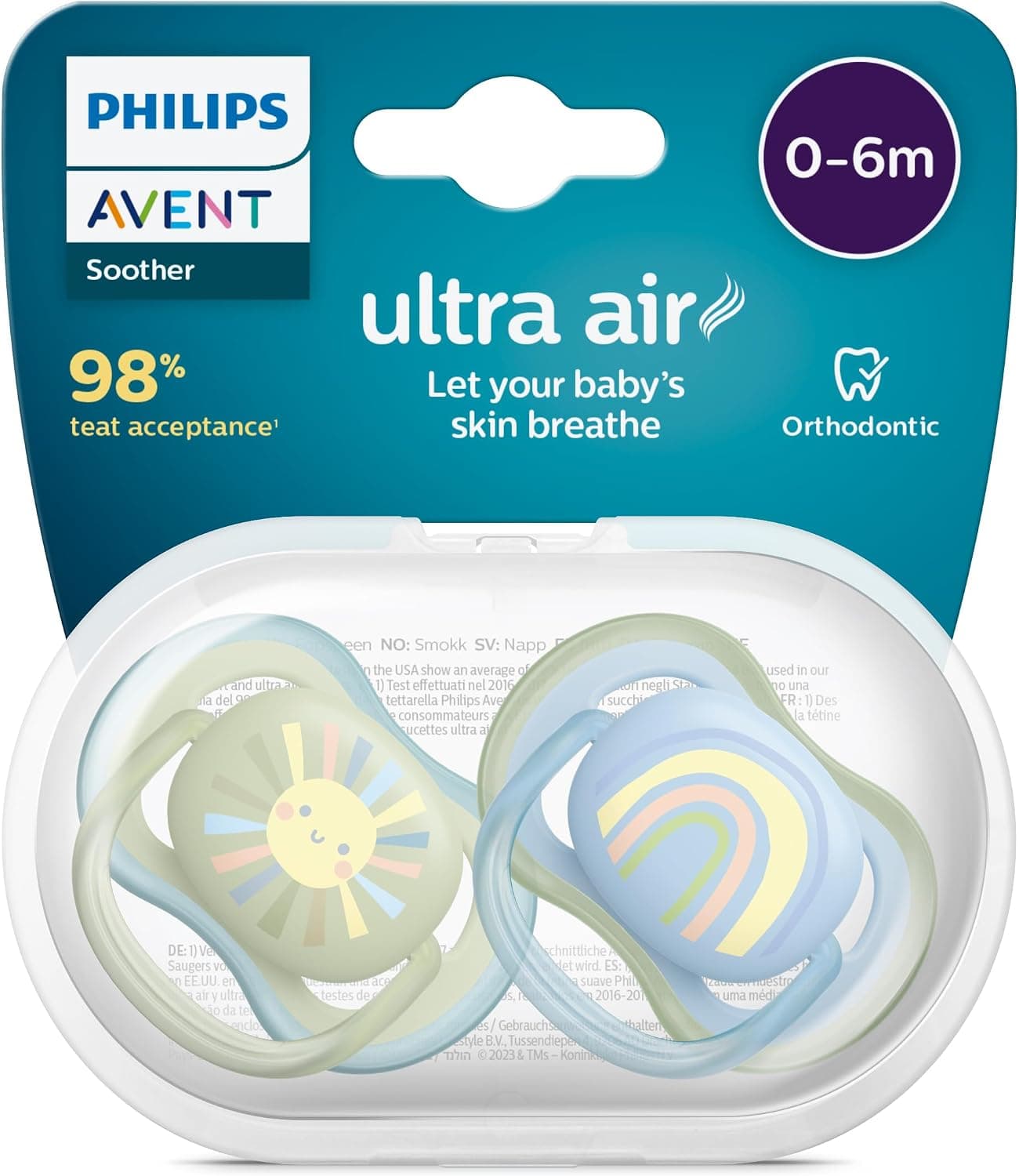 Philips Avent Ultra Air Emzik, Erkek Bebekler için 0-6 Ay, 2’li Paket, Ortodontik Silikon, Geniş Hava Delikli, Mikrodalga Sterilize Edilebilir, BPA İçermez, Taşıma Kutulu, SCF085/58
