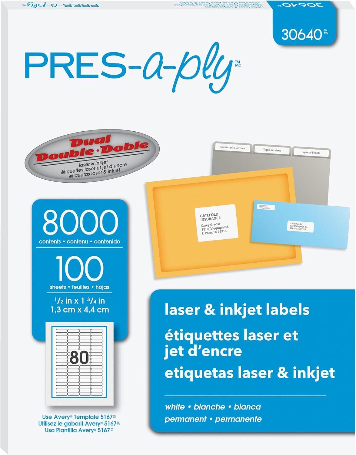 Lazer ve Mürekkep Püskürtmeli Yazıcılar için PRES-a-ply Etiketler, 5 x 1.75, Beyaz, 8000li Kutu (30640)