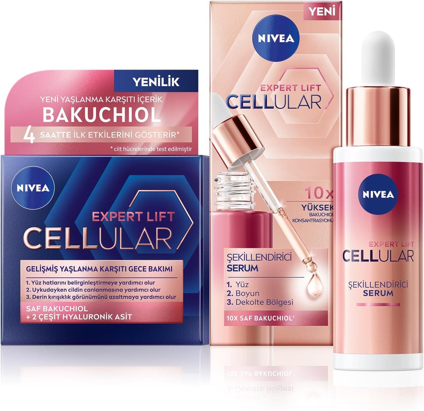 NIVEA Cellular Expert Lift Doğal Retinol Alternatifi Saf Bakuchiol İçeren, Kolajen Tetikleyici Kırışıklık Karşıtı Cilt Serumu 30 ml + Kırışıklık Karşıtı ve Nemlendirici Gece Kremi 50 ml