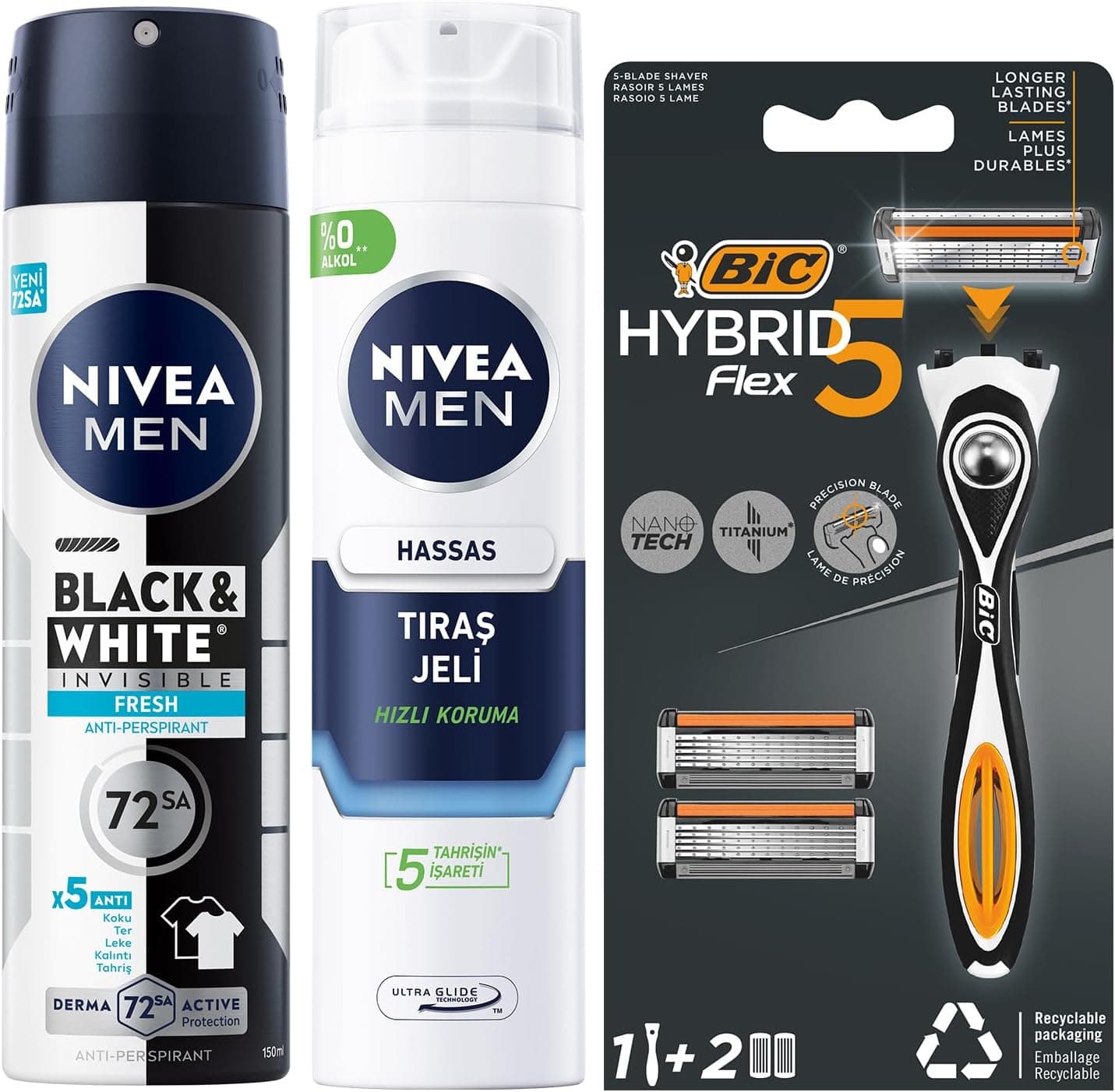 NIVEA MEN Erkek Sprey Deodorant Black&White Invisible Fresh 150 ml + Tıraş Jeli 200 ml + BIC Hybrid 5 Flex Erkek Tıraş Bıçağı 1 Sap ve 2 Yedek Başlık (5 Bıçak)