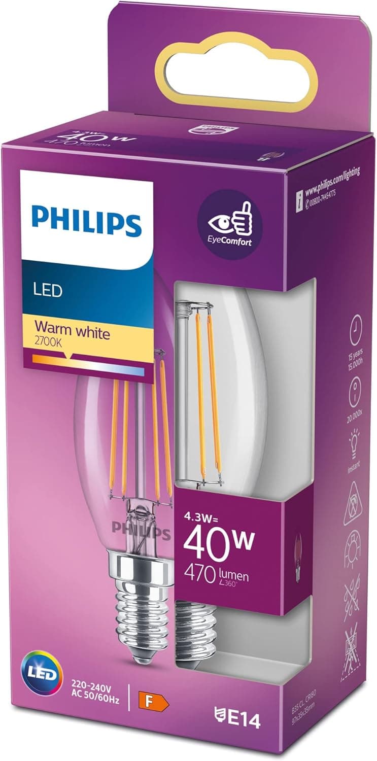 Philips LED Classic 40W B35 Led Mum Filament Ampul, 2700K Sarı Işık, E14 İnce Duy, Dim Edilmez