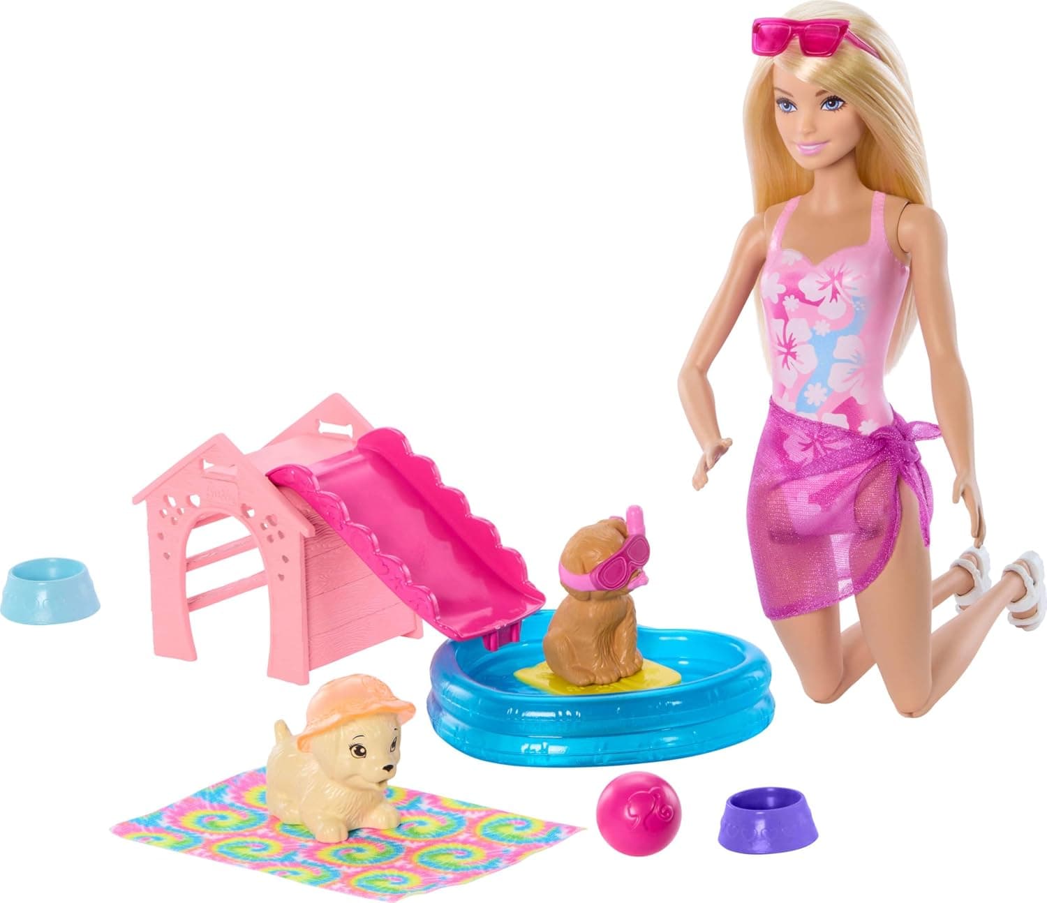 Barbie Köpekçikle Havuz Partisi Oyun Seti, Kaydıraklı Köpek Kulübesi, Kalp Şeklinde Havuz, 2 Köpek Figürü Ve 6 Aksesuarl
