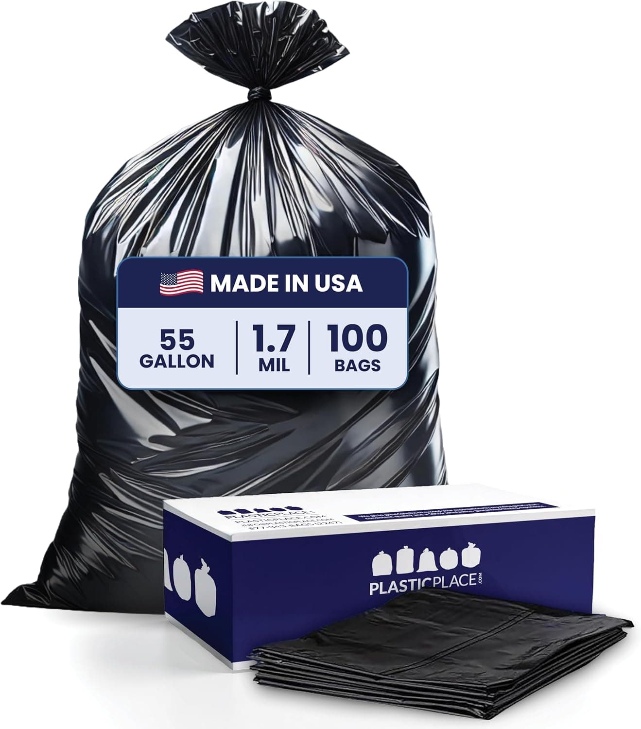 Plasticplace - W55LDBS1 55-60 galon Çöp Poşeti 1,7 Mil EQ ❜ Siyah Çevre Dostu Ağır Hizmet Çöp Kovası Astarları - 96,5 cm x 147,3 cm (100 Adet) Siyah