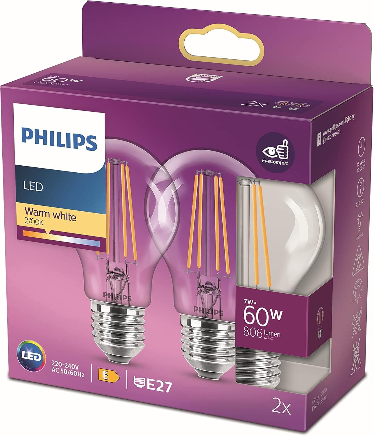 Philips LED Classic 60W A60 Filament Ampul, 2700 Sarı Işık, E27 Normal Duy, Dim Edilmez 2li Ekopaket