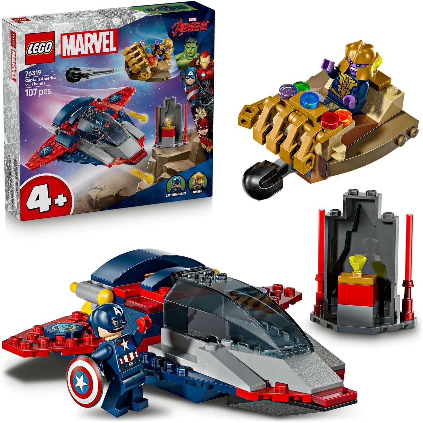 LEGO ǀ Marvel Kaptan Amerika, Thanosa Karşı 76319 – 4 Yaş ve Üzeri Süper Kahraman ve Uzay Gemisi Hayranı Çocuklar için Eğlenceli Oyunlar Sunan Minifigürlü Yapım Seti, Harika Hediye Fikri (107 Parça)