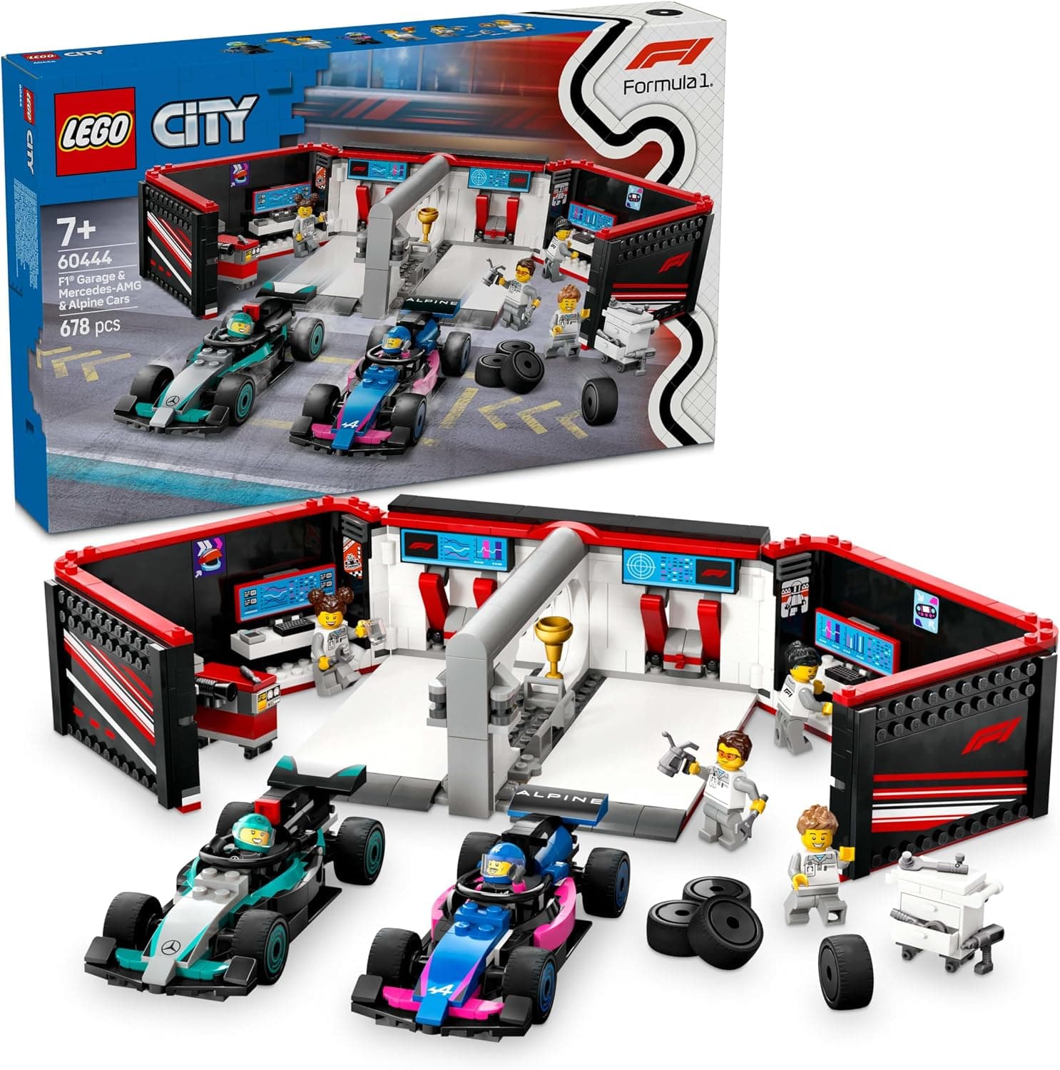 LEGO City F1 Garajı ve Mercedes-AMG ve Alpine Arabaları 60444-7 Yaş ve Üzeri Çocuklar için Yarış Arabası İçeren Yaratıcı Oyuncak Yapım Seti, Doğum Günü Hediyesi (678 Parça)