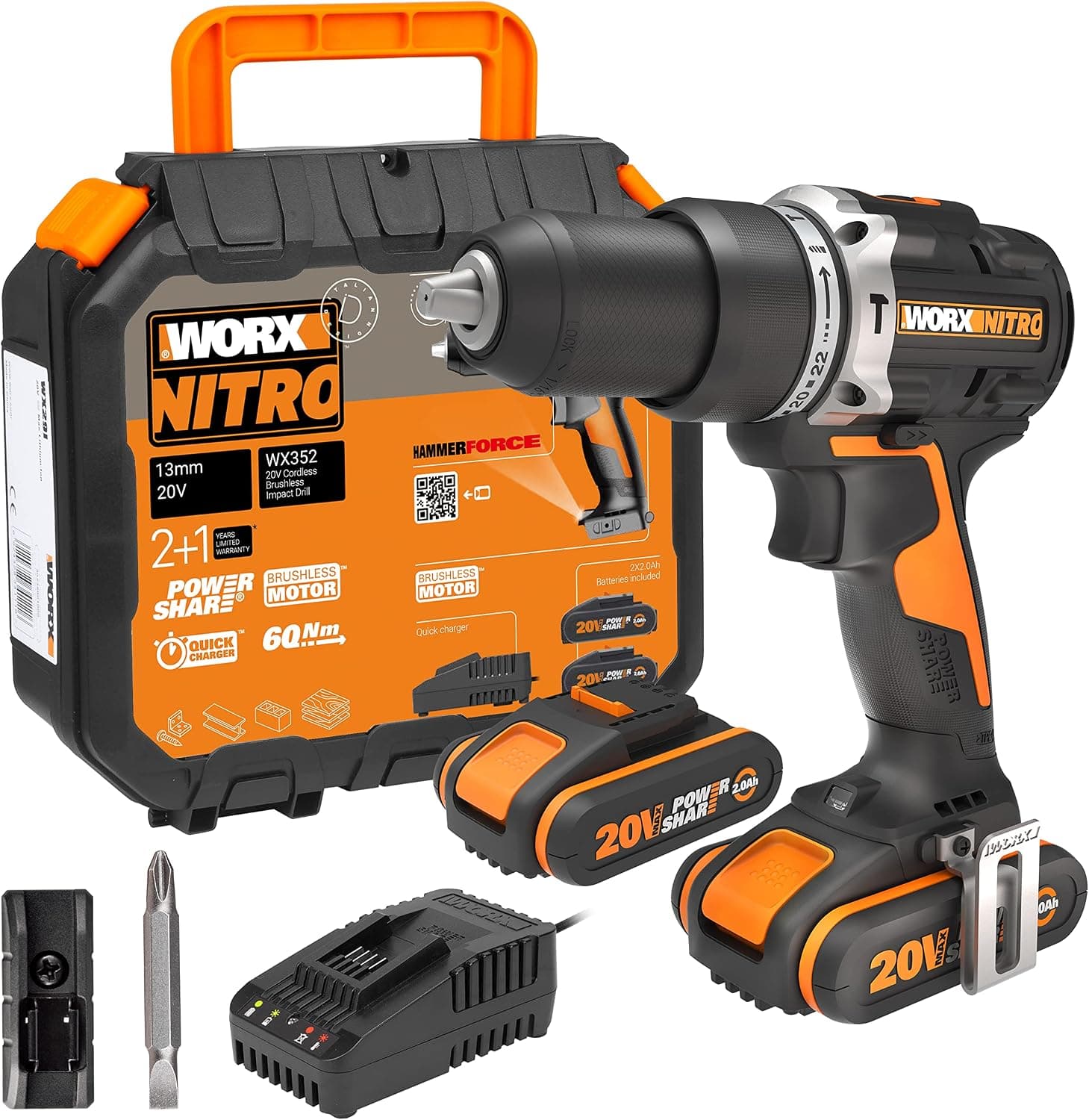 WORX WX352 20Volt/2.0Ah Li-ion Çift Akülü Kömürsüz Profesyonel Şarjlı Darbeli Matkap