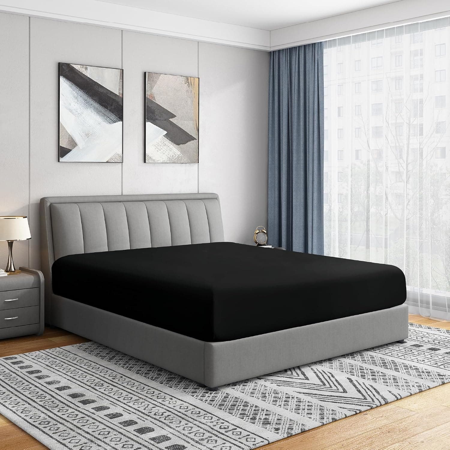 Cathay Home Queen Lastikli Çarşaf - Çift Fırçalı Ultra Yumuşak - Kırışmaya ve Solmaya Dayanıklı - Sadece 35,5 cm Standart Cep Lastikli Çarşaf - 12"-16" Derin Yatak (Queen, Siyah)