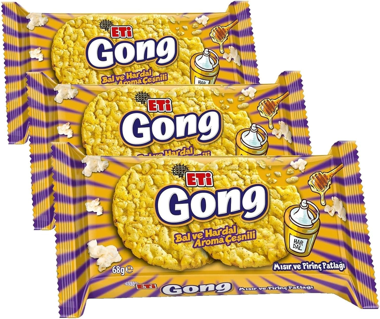 Eti Gong Ballı Hardallı Mısır ve Pirinç Patlağı 68 g 3lü paket