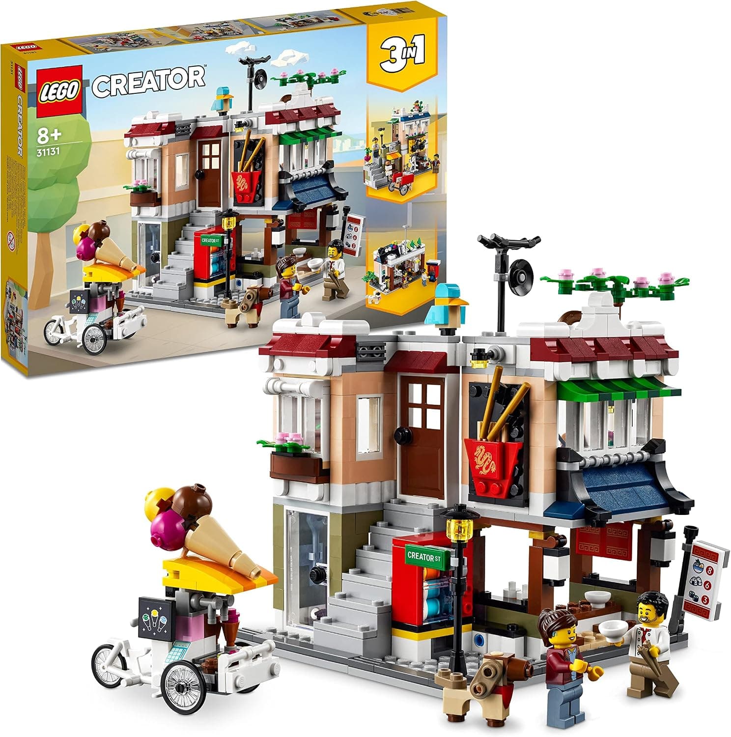 LEGO® Creator 3’ü 1 Arada Şehir Merkezi Makarna Dükkanı 31131-8 Yaş ve Üzeri için Şehir Merkezi Binası, Bisikletçi ve Atari Salonu İçeren Oyuncak Yapım Seti (569 Parça)