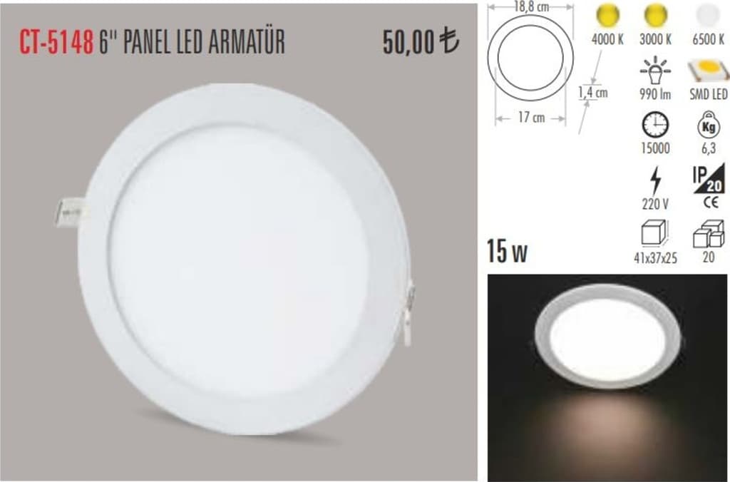 Cata Ct-5148 15 Watt Slim Led Panel Armatür %100 Alüminyum Kasa (470950448) Beyaz
