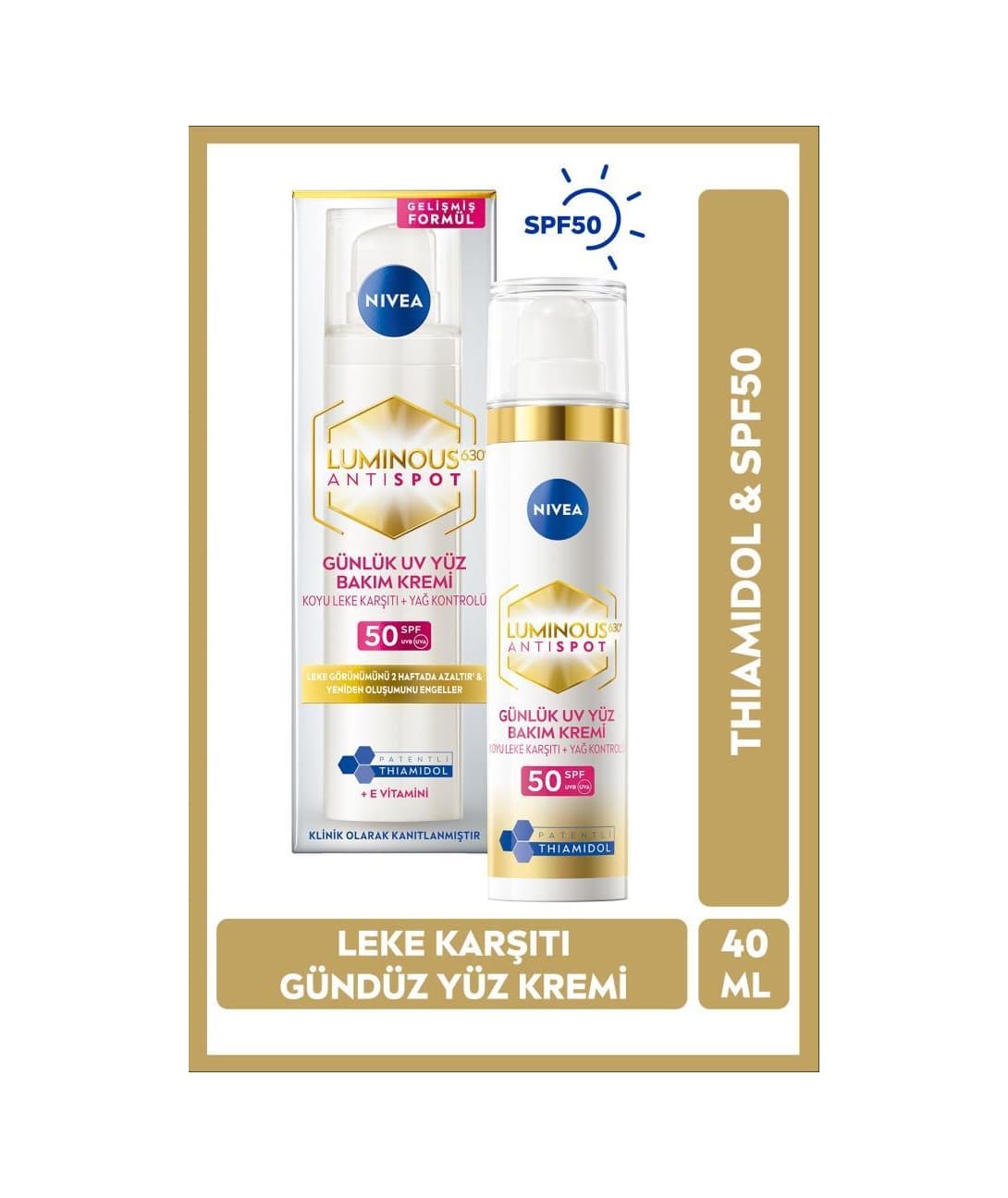 Nivea Luminous630 Thiamidol Etkili Leke Karşıtı Gündüz Yüz Kremi SPF50 UV Koruma Hyaluronik Asit 40 ML