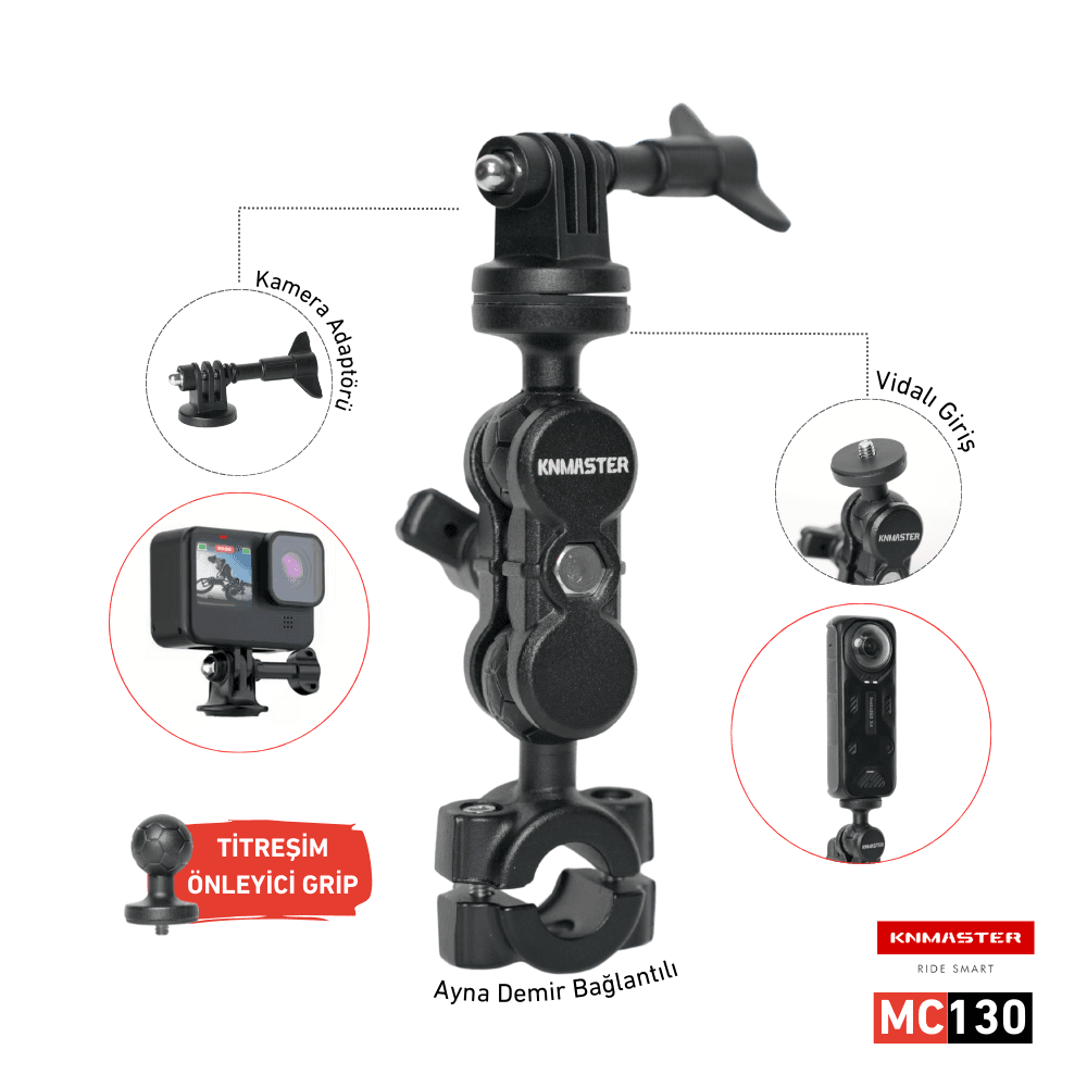 Knmaster Mc130 360 Ayarlanabilir Motosiklet Ayna Demir Bağlantılı Aksiyon Kamera Aparatı Siyah