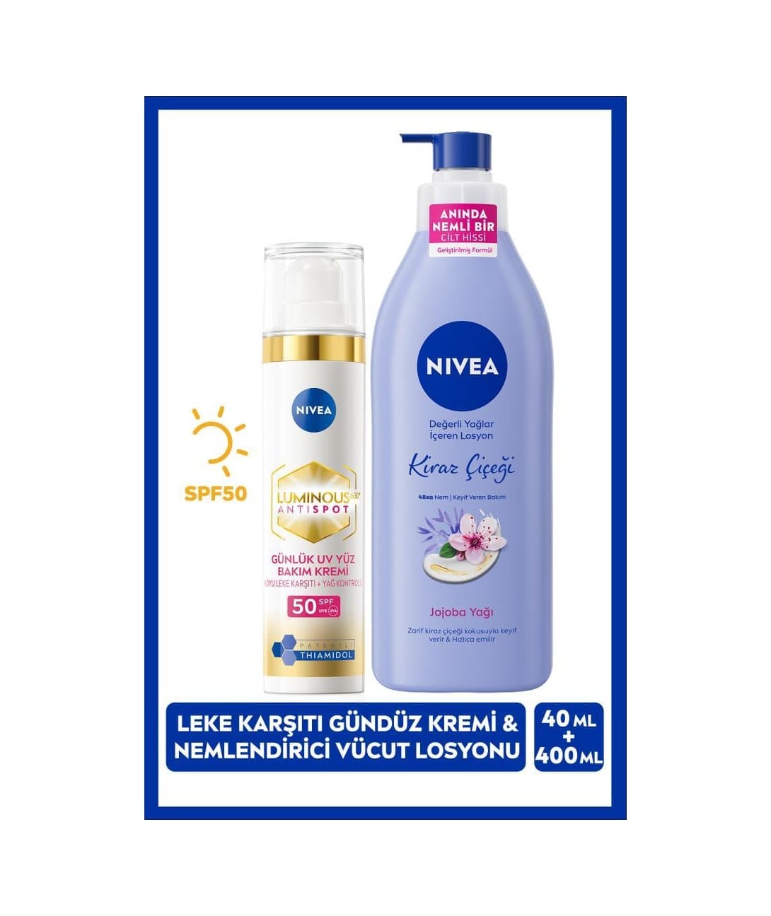 NIVEA Luminous630 Thiamidol Etkili Leke Karşıtı Gündüz Yüz Bakım Kremi 40 ML + Kiraz Çiçeği Nemlendirici Vücut Losyonu 400 ML