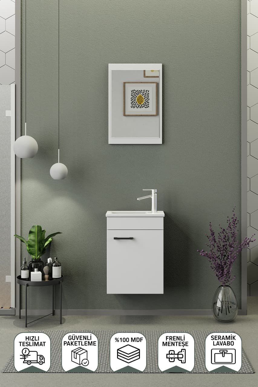 Biani Fix Arya Mini 42 Cm Banyo Dolabı,Seramik Lavabolu, Aynalı,Lavabo Dahil,Mdf,Mat Beyaz