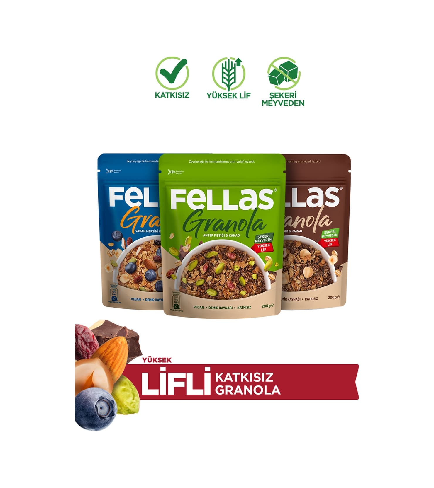 Fellas Granola 3'lü Mix Paket - Yaban Mersinli 200 G Fındık 200 G Antep Fıstığı 200 G