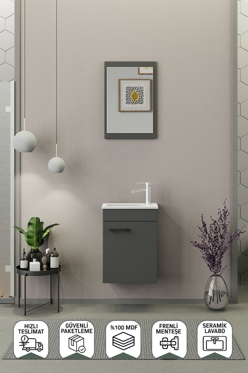 Biani Fix Arya Mini 42 Cm Banyo Dolabı,Seramik Lavabolu, Aynalı,Lavabo Dahil,Mdf,Mat Gri