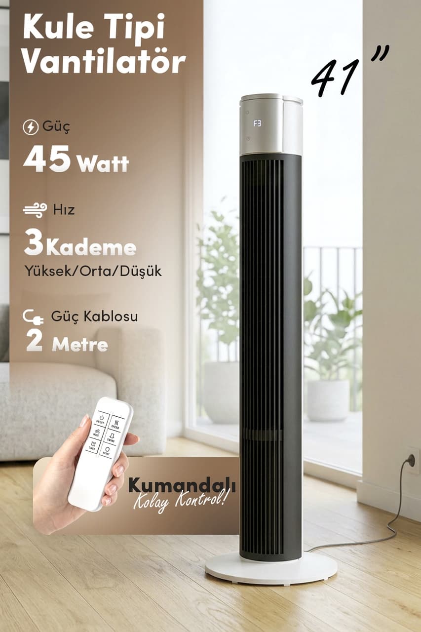 7go 7gtf2 41 İnç Kule Tipi Vantilatör Siyah 45w Turbo Force, Uzaktan Kumandalı, Sessiz, Zaman Ayar