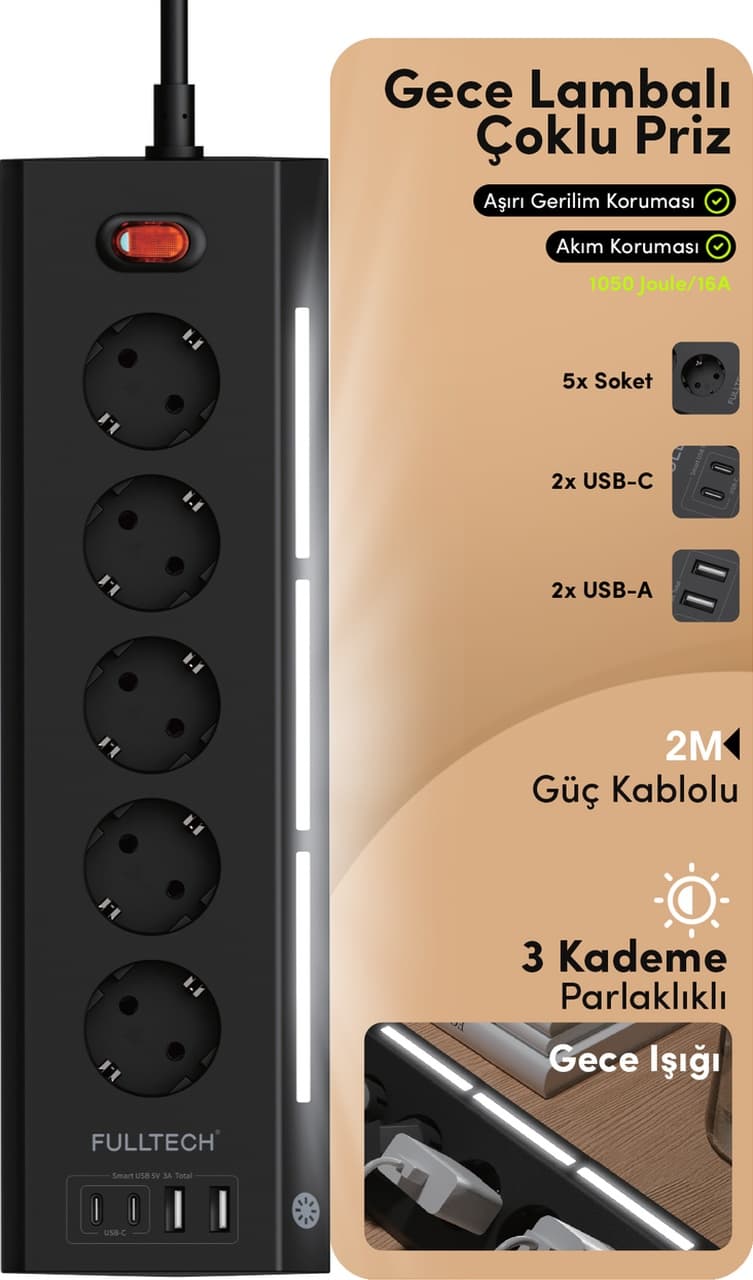 Fulltech FTR-26 Akım Korumalı Priz Siyah 9’lu (5 Priz + 2 USB-A + 2 USB-C) 3680W 16A, 2 Metre Kablolu, Gece Lambalı Çoklu Priz
